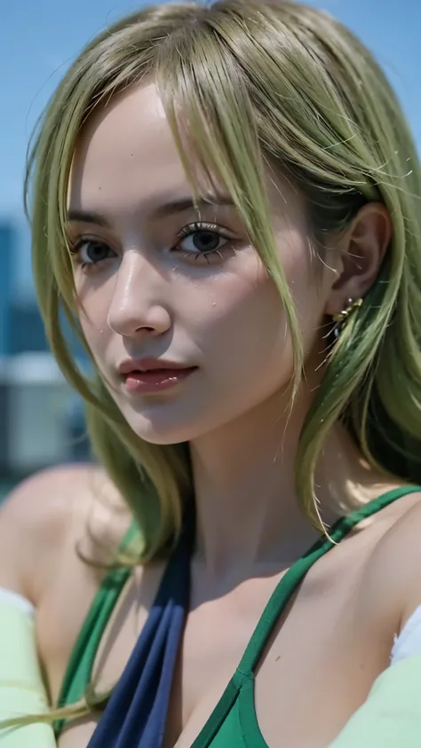 "A hyper-realistic portrait of a beautiful woman inspired by Monet from One Piece, reimagined in real life. She is smiling gently, with striking green eyes and long light green hair styled elegantly. Her look is captivating and ethereal. She is dressed in ...