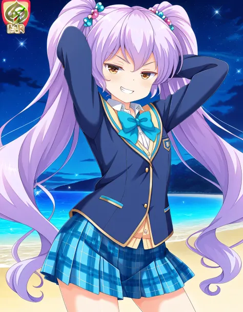 HIMEJIMAKINOKO (Girl Friend BETA) LIGHT PURPLE HAIR, TWINTAILS, HAIR BOBBLES, POLKA DOT, VERY LONG HAIR, YELLOW EYES, flat chest, blue jacket, blazer, white shirt, collared shirt, blue bowtie, blue skirt, plaid skirt, school uniform, anime screencap, high ...