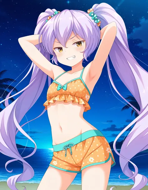 HIMEJIMAKINOKO (Girl Friend BETA) LIGHT PURPLE HAIR, TWINTAILS, HAIR BOBBLES, POLKA DOT, VERY LONG HAIR, YELLOW EYES, flat chest, wearing an orange, floral-embroidered, summery top, and matching shorts (detailed clothing:1.2), anime screencap, high quality...