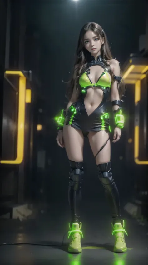 nahida,  ren, peito liso,   corpo inteiro  , coxa grossa, holding the skirt up, vestido curto,   saia curta, camisa, high waist skirt, bons olhos, Sorrindo suavemente, (((cyber suits, neon))),   underwear,   Perfect body proportion  ,   bare feet  , 
(bron...