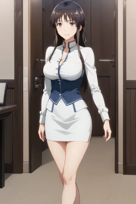 draw a picture of her sitting on a chair can you do it，face more delicately，face is absolutely necessary，NAVY BLUE SUIT，white blouse，navy blue miniskirt，draw an office lady in a dark blue suit，business suit，white blouse，tight miniskirt，high heels，，Building...