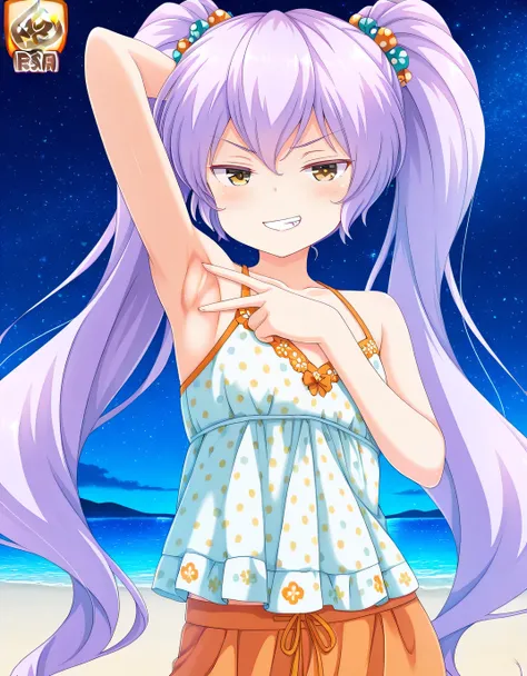 HIMEJIMAKINOKO (Girl Friend BETA) LIGHT PURPLE HAIR, TWINTAILS, HAIR BOBBLES, POLKA DOT, VERY LONG HAIR, YELLOW EYES, flat chest, wearing an orange, floral-embroidered, summery top, sleeveless, (detailed clothing:1.2), anime screencap, high quality, closed...