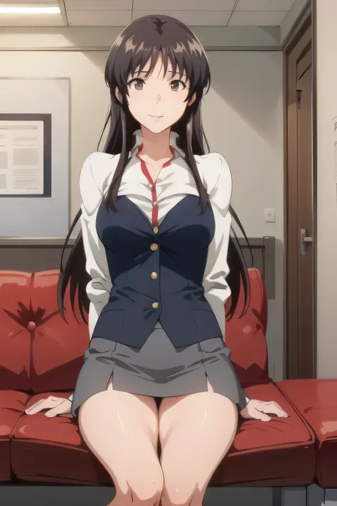 view from below，Can you draw a woman sitting on a couch in a drawing room，white blouse，draw a woman in a dark blue pleated miniskirt，white panties，Panchira,Legs are closed，低い引き出しの部屋のソファに座っている女性を描くこandができますか，もっand薄着になって下さい，sleeveless blouse，draw an office l...