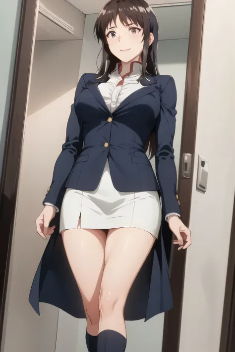 view from below，Can you draw a woman sitting on a couch in a drawing room，white blouse，draw a woman in a dark blue pleated miniskirt，white panties，Panchira,Legs are closed，低い引き出しの部屋のソファに座っている女性を描くこandができますか，もっand薄着になって下さい，sleeveless blouse，draw an office l...