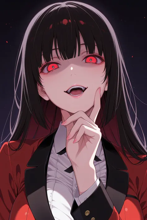 jabami yumeko ,1girl, head tilt, confident, yandere, red eyes, open mouth, playing with viewer, hand on chin, looking at viewer, viewer's perspective, slightly large breast, masterpiece, best quality