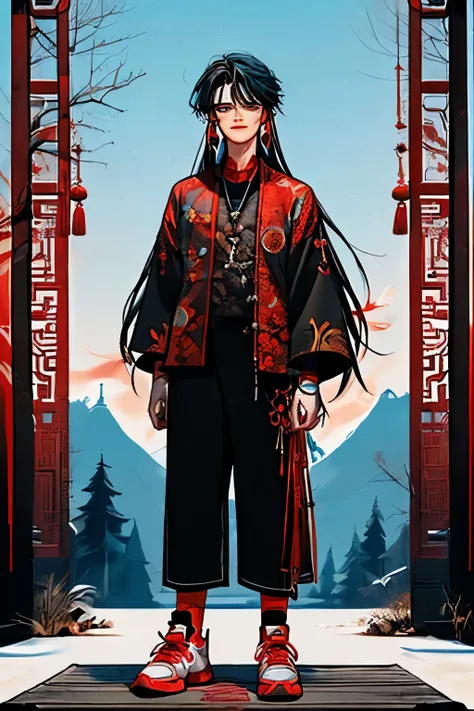 man ((young )) ((20 years)) ((amo)),((señor de spirits)), long hair ((negro )) baggy clothes, modern traditional style((Chinese style ))(modern)) ((red high top tennis shoes)) , ((blue and red eyes)) ((stopped ))((dynamic poses))full body ((Landscape of a ...