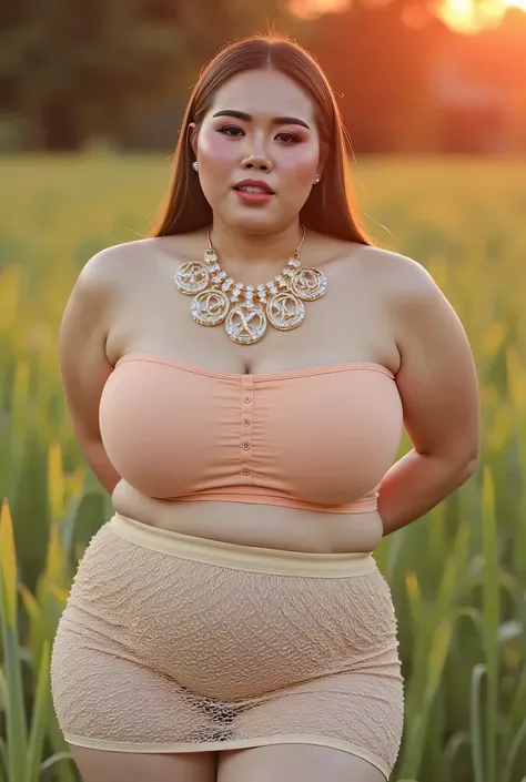 Bbw Fat, ((LOUISE VUITTON Big Gold DIAMOND Necklace)), Straight hair covers the ears perfectly, Wearing peach plain Strapless Bra , ((wearing net fist Short Pencil Skirt CLOSING CENTER)),  view from the front,  both hands lying behind back, background rice...