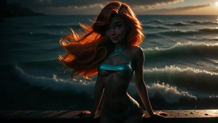 ((1 girl)), ((by herself)), ((solo)), ((UnderBoob)), ((Young)), ((ager)), ((like)), ((Disney's Ariel)), Cute face, perfect face, smiling, ((standing in front of the ocean)), ((very sexy)), ((petite)), ((skinny)), ((thin hips)), large breasts, cute, shy fac...
