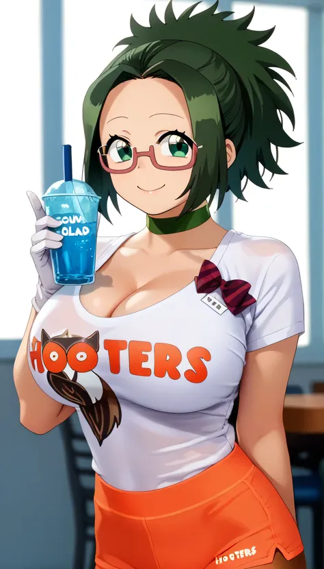 1 Female,High definition,high resolution,8K, Himiko Agari, 1girl, solo, green eyes, ponytail, green hair, glasses, bow, ribbon, hair ribbon, hair bow, glasses, green choker, huge breasts, white gloves, blunt bangs, red-framed eyewear, white shirt, Hooters ...