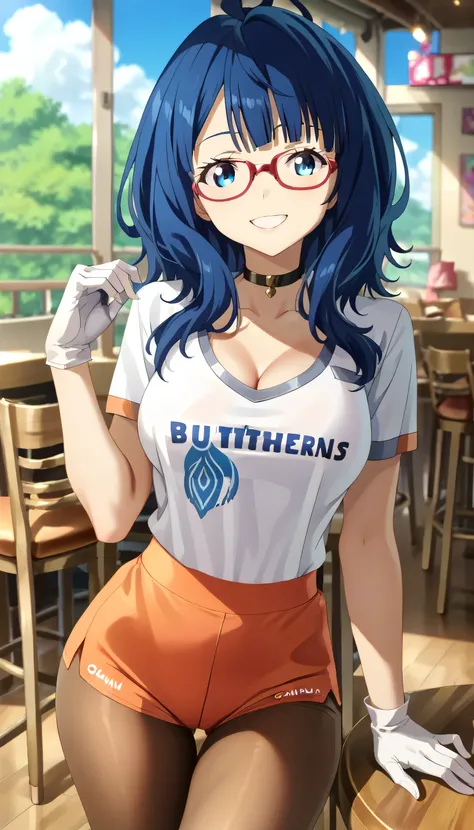 1 Female,High definition,high resolution,8K, yanamianna, 1girl, solo, medium hair, ahoge, large breasts,blue hair, blue eyes, black choker, white gloves, blunt bangs, red-framed eyewear, white shirt, Hooters Uniform , orange shorts, pantyhose,European,sexy...