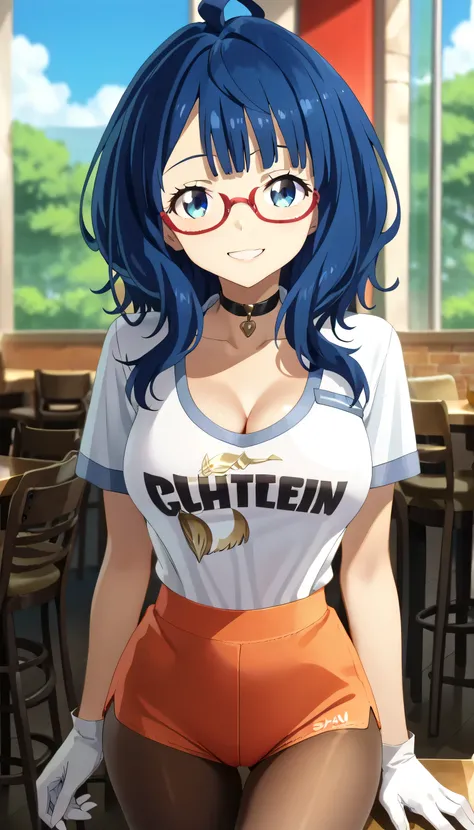 1 Female,High definition,high resolution,8K, yanamianna, 1girl, solo, medium hair, ahoge, large breasts, blue hair, blue eyes, black choker, white gloves, blunt bangs, red-framed eyewear, white shirt, Hooters Uniform , orange shorts, pantyhose,European,sex...