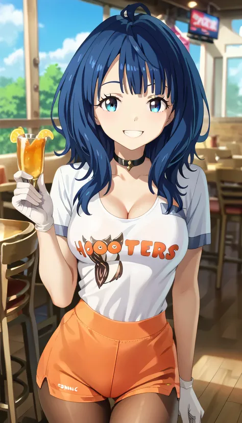 1 Female,High definition,high resolution,8K, yanamianna, 1girl, solo, medium hair, ahoge, large breasts,blue hair, blue eyes, black choker, white gloves, blunt bangs, white shirt, Hooters Uniform , orange shorts, pantyhose,European,sexy,restaurant backgrou...