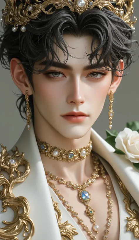"A stunningly beautiful fantasy prince with flawless porcelain skin, piercing sky-blue eyes that glow with ethereal light, and delicately blushed cheeks. He wears intricate pearl and sapphire jewelry, including layered necklaces, gem-encrusted earrings, an...