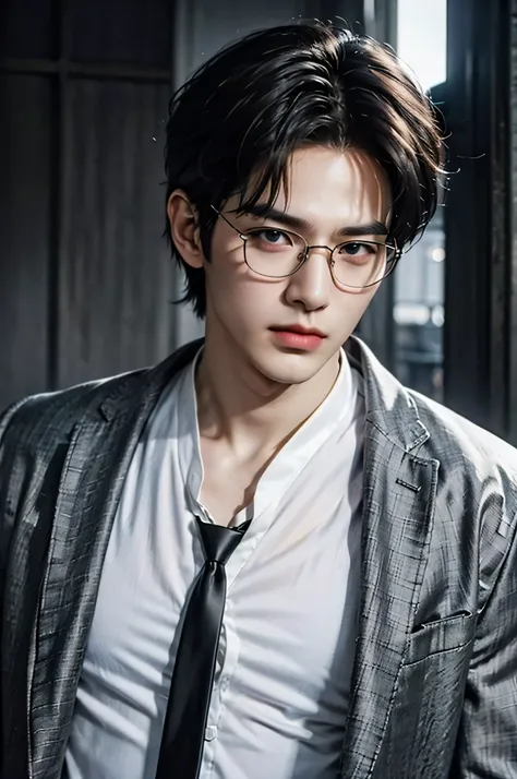 city night view, ((Medium Wide Shot)), 25 year old Naruto is a true masterpiece with masculine beauty, perfect anatomy. charming attractive eyes, Perfect lines, 8K quality, black hair, wearing gray shirt and black trench coat, wearing a black tie, short ha...