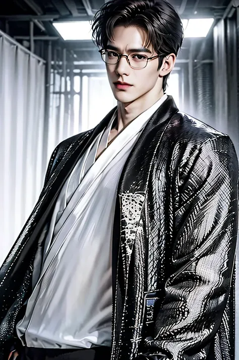 city night view, ((full body Shot)), 25 year old Naruto is a true masterpiece with masculine beauty, perfect anatomy. charming attractive eyes, Perfect lines, 8K quality, black hair, ((wearing gray shirt and black trench coat)), wearing a black tie, short ...