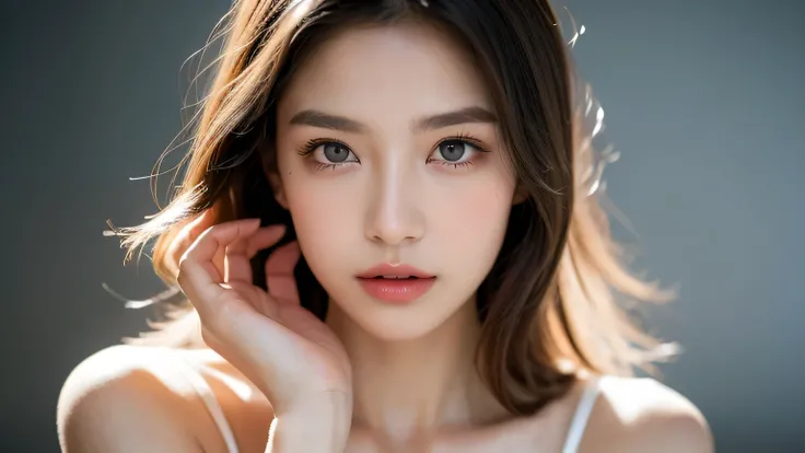 Stunning ultra-realistic portrait of a young woman with long, silky, silver-white hair flowing naturally to the side. Her complexion is porcelain smooth with a soft blush, and her lips are delicately tinted peach-pink. She gazes directly at the viewer with...