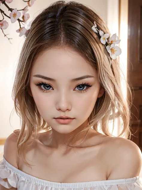 Fashion trendy beautiful and charming woman, gentle and charming Chinese beautiful woman, delicate and sexy collarbone, charming oval face, double eyelids, smart peach blossom eyes, pink lips, small nose, bare shoulders, focus on the face, close-up of the ...