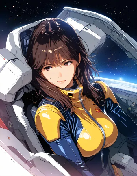 1girl, mori hinami, gundam, year 2016, upper body, universe, gundam cockpit, pilot suit, masterpiece, high score, great score, absurdres, 16k, super detail