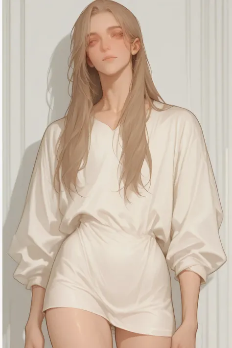 (Let's create A MALE) A beautiful MALE with feminine appearance, long hair, slim body,gentle eyes, long eyelashes, white shirt, gentle facial features,feminine figure, slim hips, full thighs.(It's a male, you're not seeing things.)