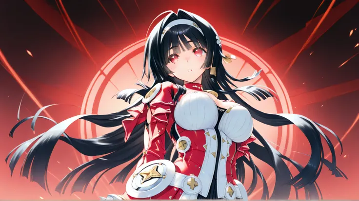 Amaduyu Tatsuki style,astrayao, 1girl, long hair, black hair,  hairband, red eyes,large breasts, blunt bangs, hair intakes,