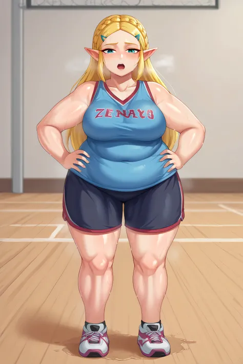 score_9, score_8_up, score_7_up, BREAK, 1girl, solo, princess zelda, 1girl, solo, blonde hair, crown braid, hairclip, pointy ears, long hair, jewelry, makeup, casual, cowboy shot, blue eyes, looking at the viewer, large breasts, hand on hips, blue tanktop,...