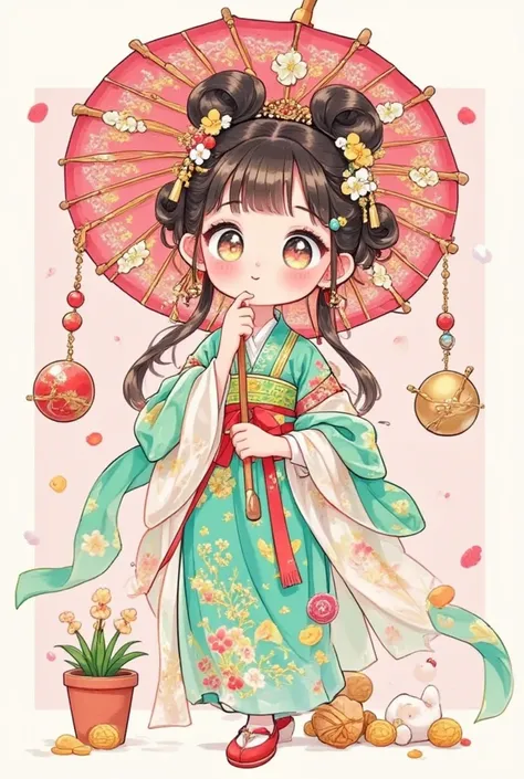 ( Masterpiece,      high quality:1.2),          cartoon style character design    ,    a woman with an umbrella,  unique ，     big eyes，     has a cute expression        ，surprise, Two hairpins     ，  Chinese clothing 