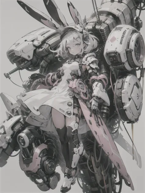 rabbit ear,  mechanic, mechanical body,, ultra detail, masterpiece, top quality, esthetic, detail,, serious, 1girl, (White Eye:1.1), ( GREY EYES :1.3), pink gold very long hair, Part-hair, split bangs, small breasts,, Valkyrie, (bodysuit:1.1),  pink feathe...