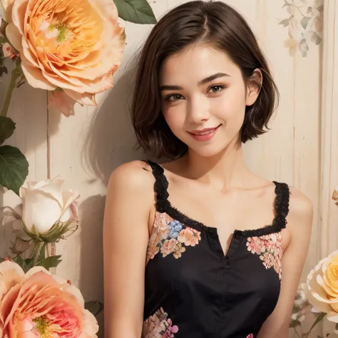 393 ((young woman)),(short hair),(Neat hair),(floral dress),(Archaic Smile)