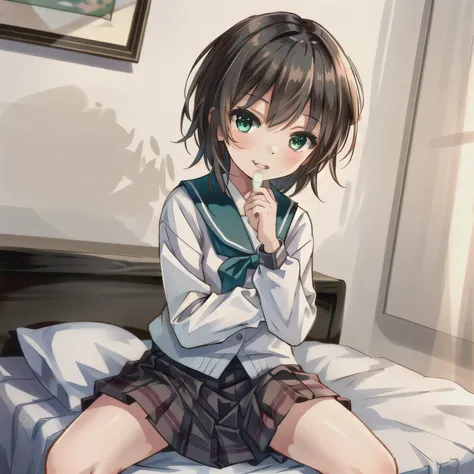 A cute anime girl wearing a Japanese schoolgirl sailor uniform. She is sitting on a bed in a cozy, plush-filled girl's bedroom. Her hands are lightly clasped in front of her mouth, as if holding something invisible. Her expression is dreamy and happy, with...