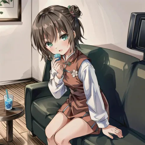 A cute anime-style girl with short light brown hair styled in two side buns, wearing a vivid red traditional Chinese dress with modest design details. She is sitting in a Japanese karaoke box, surrounded by a typical sofa, table, drink cup, and a moist han...