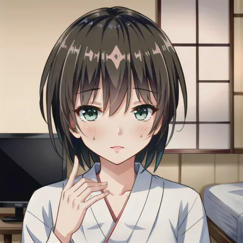 A 2D anime-style portrait of a beautiful girl with translucent skin and softly expressive eyes, gentle blush, subtly glowing gradient hair, delicate emotional line art with soft shadows, evoking a melancholic and enchanting mood. She is wearing a tradition...