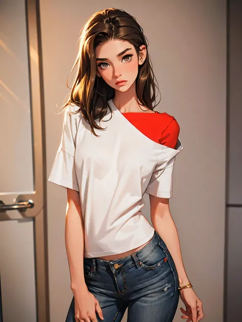 20 year old model, (only 1 girl),  beautiful,  brown hair, (shoulder length hair), , short glossy hair, gray eyes, beautiful figure, beautiful long legs, , top quality, highest quality, pin-up style, red shirt, white shirts,, dark makeup,  small , skinny, ...