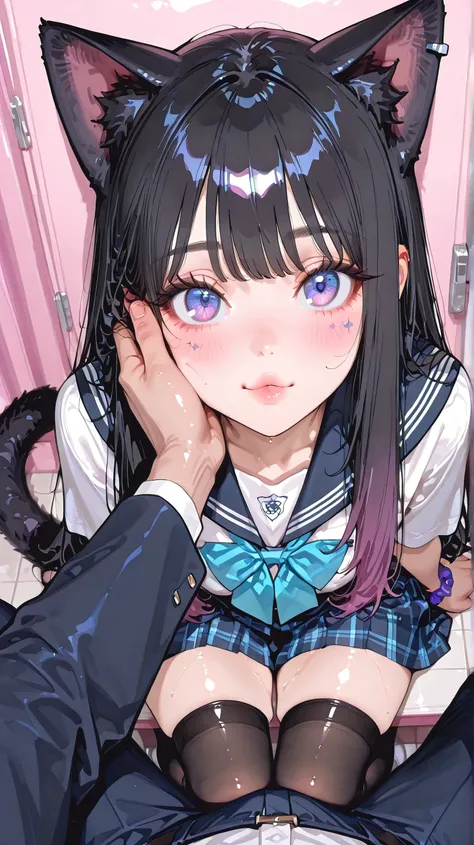 Solo focus, anime style, masterpiece, best quality, high resolution, very aesthetic, pastel tone, soft rendering, ultra detail, Add_More_Details, delicate lineart, subtle highlights, 1 cute age girl,small and slim build,big .
black long hair, straight hair...