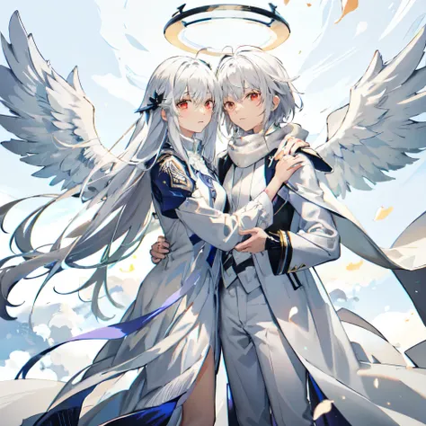 Angelic glowing snowy background,anime couple hugging and kissing ,  long red scarf  , Waiting for the man in formal suit wearing a white and platinum lab coat over a formal suit,Red Eyes, cabello largo color platino anime angel con alas y un halo por enci...