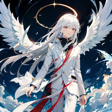 Angelic glowing snowy background,anime couple hugging and kissing , long red scarf , Waiting for the man in formal suit wearing a white and platinum lab coat over a formal suit,Red Eyes, cabello largo color platino anime angel con alas y un halo por enci...