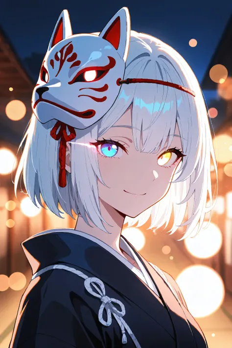 masterpiece, best quality, extremely detailed, depth of field, bokeh, soft lighting, a girl with white twin-tailed hair, heterochromatic eyes (one blue, one golden), glowing eye effects, wearing a fox mask on the side of her head, smile, mysterious look , ...