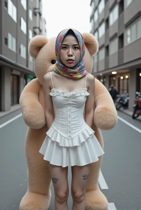 SMALL CUTE MALAY SCARF HIJAB GIRL WEARING WHITE RUFFLE CORSET, (realistic, photo-realistic:1.4), (1 FUTUNARI), medium ,  and pooh plain panties, hand on hips, ((medium )), ((TEARS)). KEDUA BELAH TANGAN DILETAK DIBELAKANG PUNGGUNG' Futanari long erect , bac...