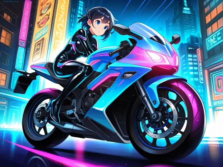 "A vibrant anime-style illustration featuring a cybernetic woman with striking blue eyes and sleek, dark hair, riding a futuristic motorcycle through a neon-drenched cityscape. Her cybernetic enhancements, gleaming silver and blue, are seamlessly integrate...