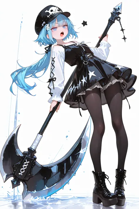 、High Quality、、 boyish girl、blue hair、 black hat 、hair accessories、Double teeth、low ponytail、Stupid hair、black hose  、solo、Black Platform Boots、 casual white punk rock summer wear、detailed depiction、4K、8k、Extreme Details、HDR、super high resolution、、非常にdetai...