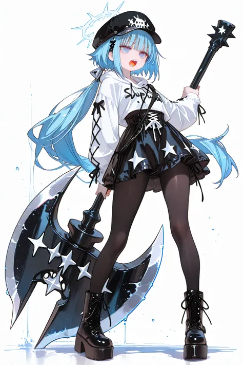、High Quality、、 boyish girl、blue hair、 black hat 、hair accessories、Double teeth、low ponytail、Stupid hair、black hose  、solo、Black Platform Boots、 casual white punk rock summer wear、detailed depiction、4K、8k、Extreme Details、HDR、super high resolution、、非常にdetai...