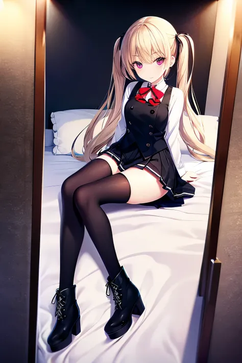 High Definition, 4K, Beautiful girl, twin tails, miniskirt, black tights, black platform boots, Full Body, Hotel, bed