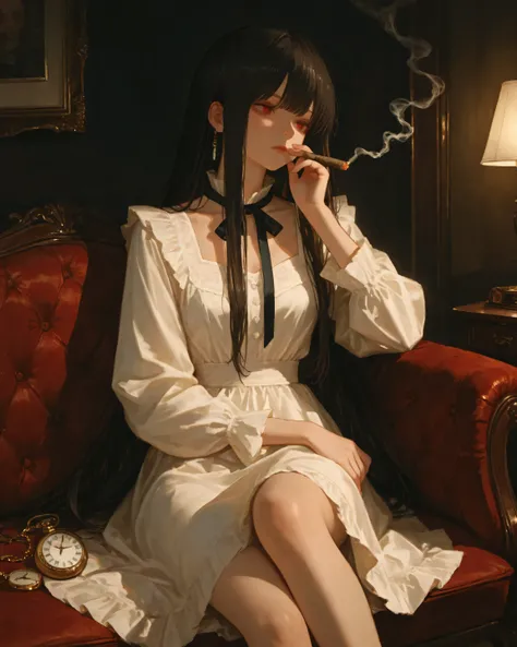 a woman with long black hair and red eyes, expressionless face, sitting elegantly, cigar, smoking, an antique pocket watch nearby, wearing a vintage-style one-piece dress, middle bearsts, refined and classic atmosphere, warm lighting, highly detailed, ultr...