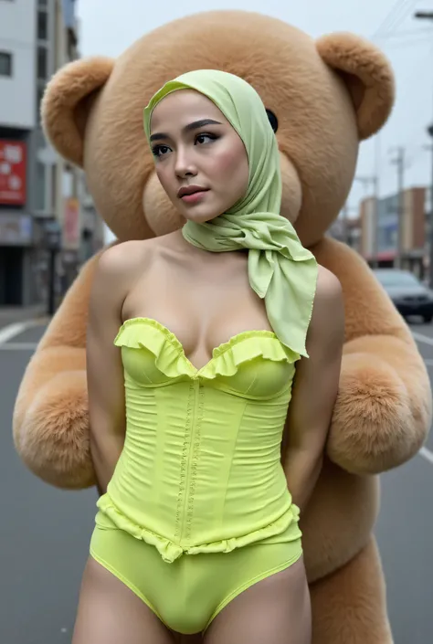 SMALL CUTE MALAY SCARF HIJAB GIRL WEARING NEON GREEN RUFFLE CORSET, (realistic, photo-realistic:1.4), (1 FUTUNARI), medium ,  and pooh plain panties, hand on hips, ((medium )), ((TEARS)). KEDUA BELAH TANGAN DILETAK DIBELAKANG PUNGGUNG' Futanari long erect ...