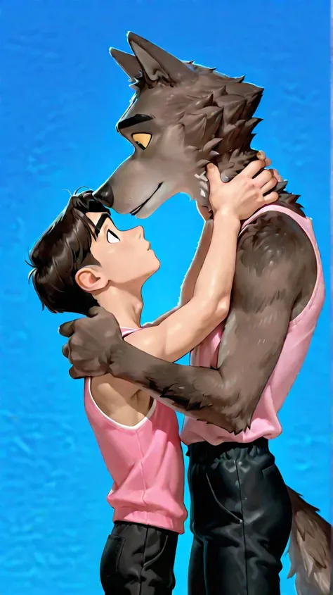 Mr. Wolf, 2 boys, two characters, male, anthropoid, lobo, greyish brown body, black eyes, yellow sclera, , animal ears, wide shoulders, athletic build, Light belly, thick eyebrows, pink sleeveless shirt, hairy body, black pants, (ojos entreabiertos), yo...