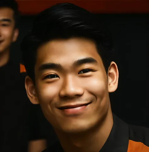 smiling man with black hair and orange shirt and black tie, hi luadthong, inspired by Ding Yunpeng, inspired by Ding Guanpeng, wlop and ross tran, detailed face of a asian boy, darren quach, realistic portrait photo, south east asian with round face, ross ...