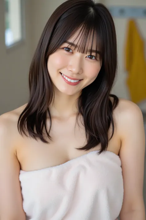 This image is of a cute Japanese girl in a towel,  towel,
The image is of extremely high quality, and you can see the texture of her skin clearly.
The focus is on her face.
She has lustrous black hair.
Her skin is beautiful, white and fine-grained.
She has...