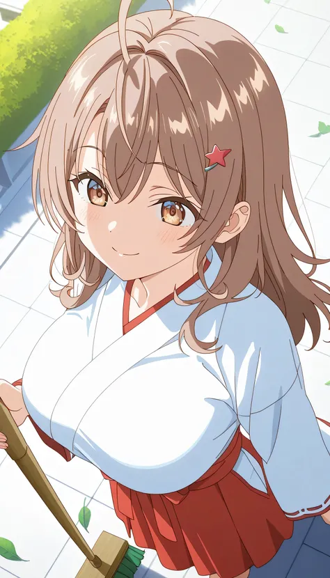 alone, 1 girl, Maria Mikhailovna Kujou, long hair, , brunette, brown eyes, Star-shaped hair clip, Big Breasts, Wearing a miko costume, Stand sweeping leaves, smile, Temple Background, high-angle image