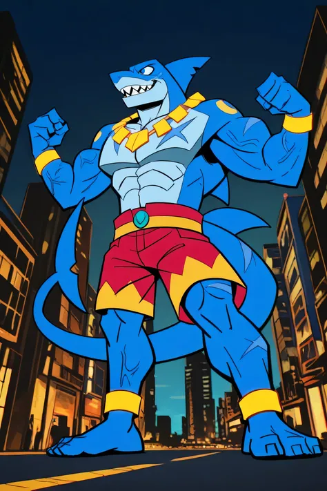 score_9, score_8_up, score_7_up, score_6_up, score_5_up, score_4_up, source_furry, tentacularrumble, cartoon 2d shark, teeth, blue skin, sharp teeth, muscular, blue eyes, long tail, max detail, 4k, absurdres, highres, profile angle, dynamic pose, standing,...