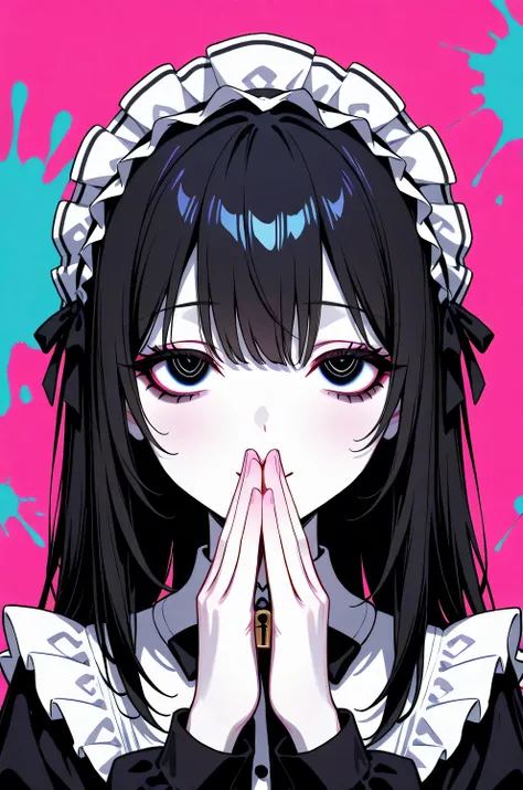 (Alone:1.2),  1 girl\( is cute ,  is cute ,(Bad look in the eyes:1.4), close eyes and pray, A dreamy look), ( black hair:1.2),( long hair:1.1),(Red and Blue Odd Eyes),  ( big eyes),( white skin:1.3), (Gothic ta Fashion: 1.6\Headdress: 1.4), (Lock:1.3) BREA...