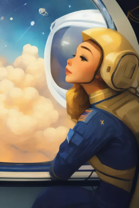 SamDoesArt , astronauts beside a spaceship window, she uses astronaut clothes and helmet, young girl, blonde golden hair, blue eyes, victoria pedretti, intricate detail, cute face , cute expressions, full body, floating in space, space full of stars, space...